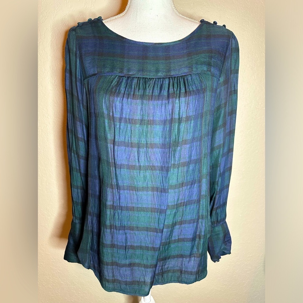 LOFT Green and Blue Plaid Long-Sleeve Blouse